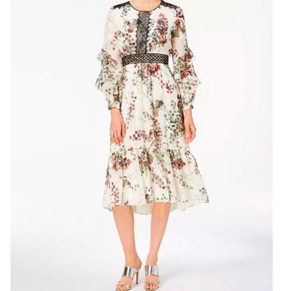 Taylor Fall Floral Lace Trim Dress Chiffon Midi Boho Chic Romantic Flowing NEW